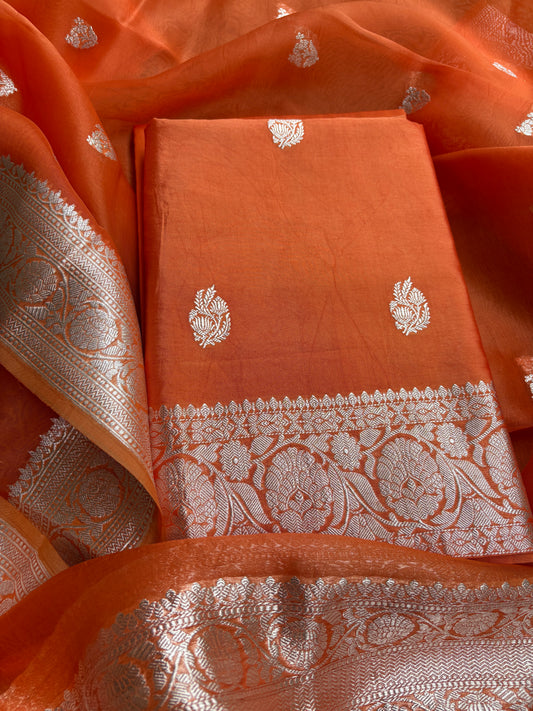 Orange Chiniya kora silver zari suit set
