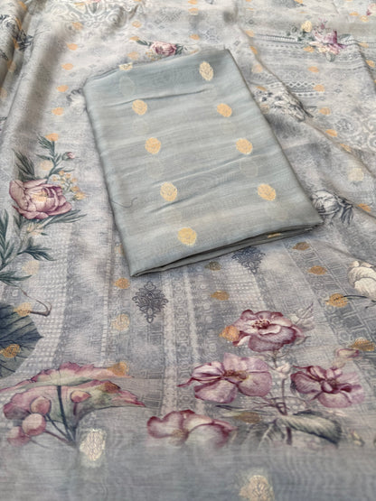 Grey mul Chanderi silk 3 piece suit set