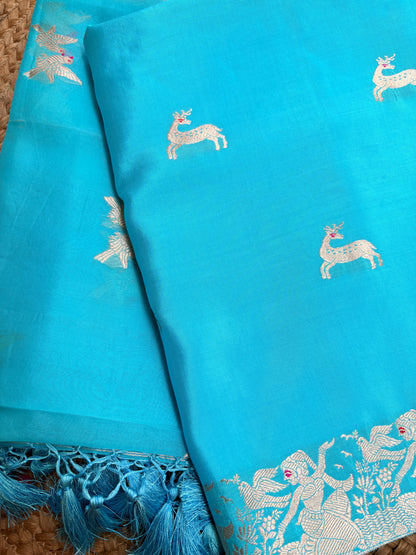 Blue pure silk kadhwa motif suit set