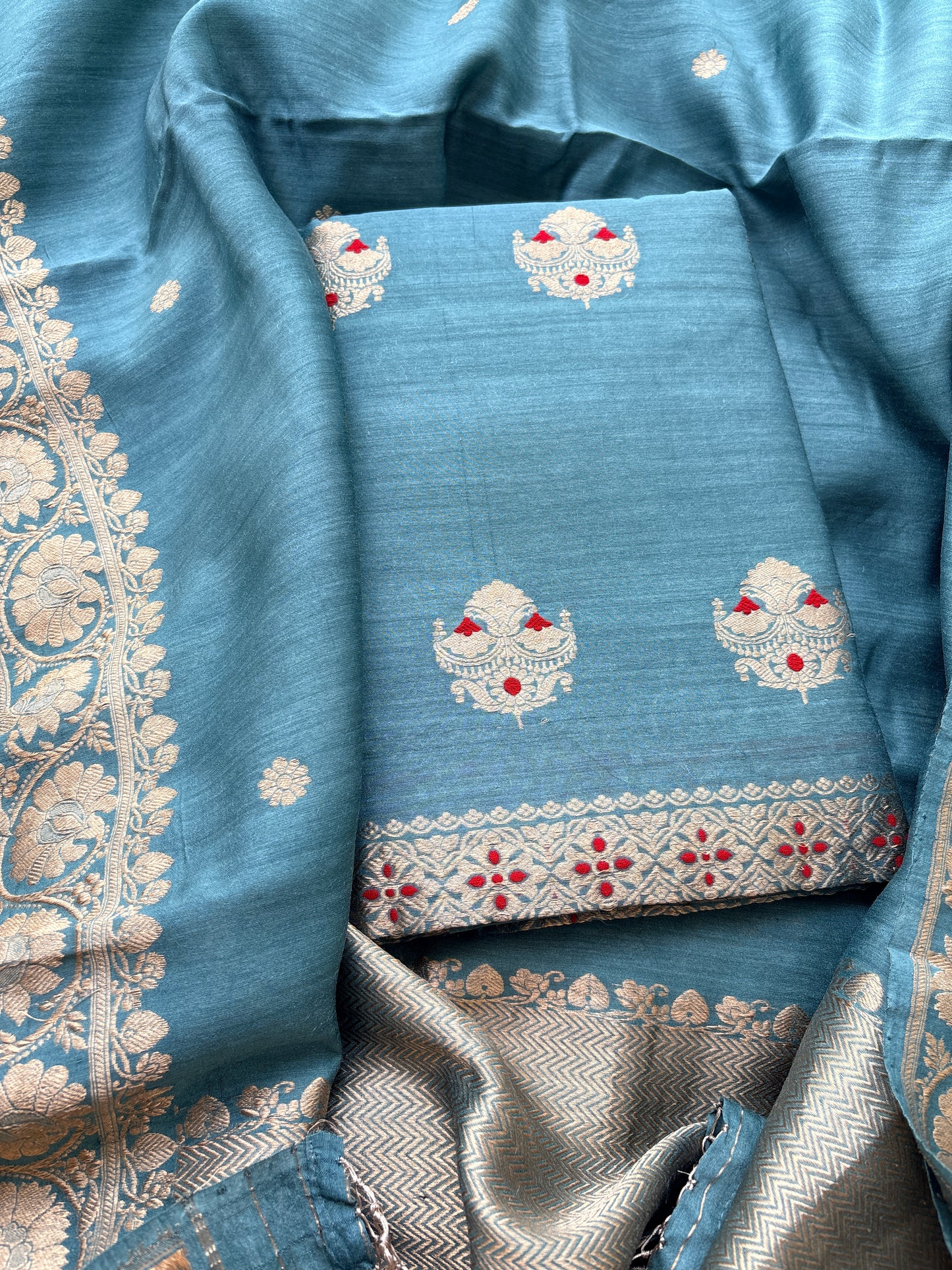 Blue moonga silk kadhwa suit set