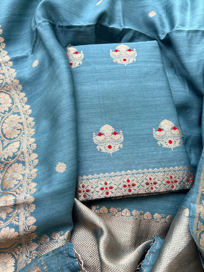 Blue moonga silk kadhwa suit set