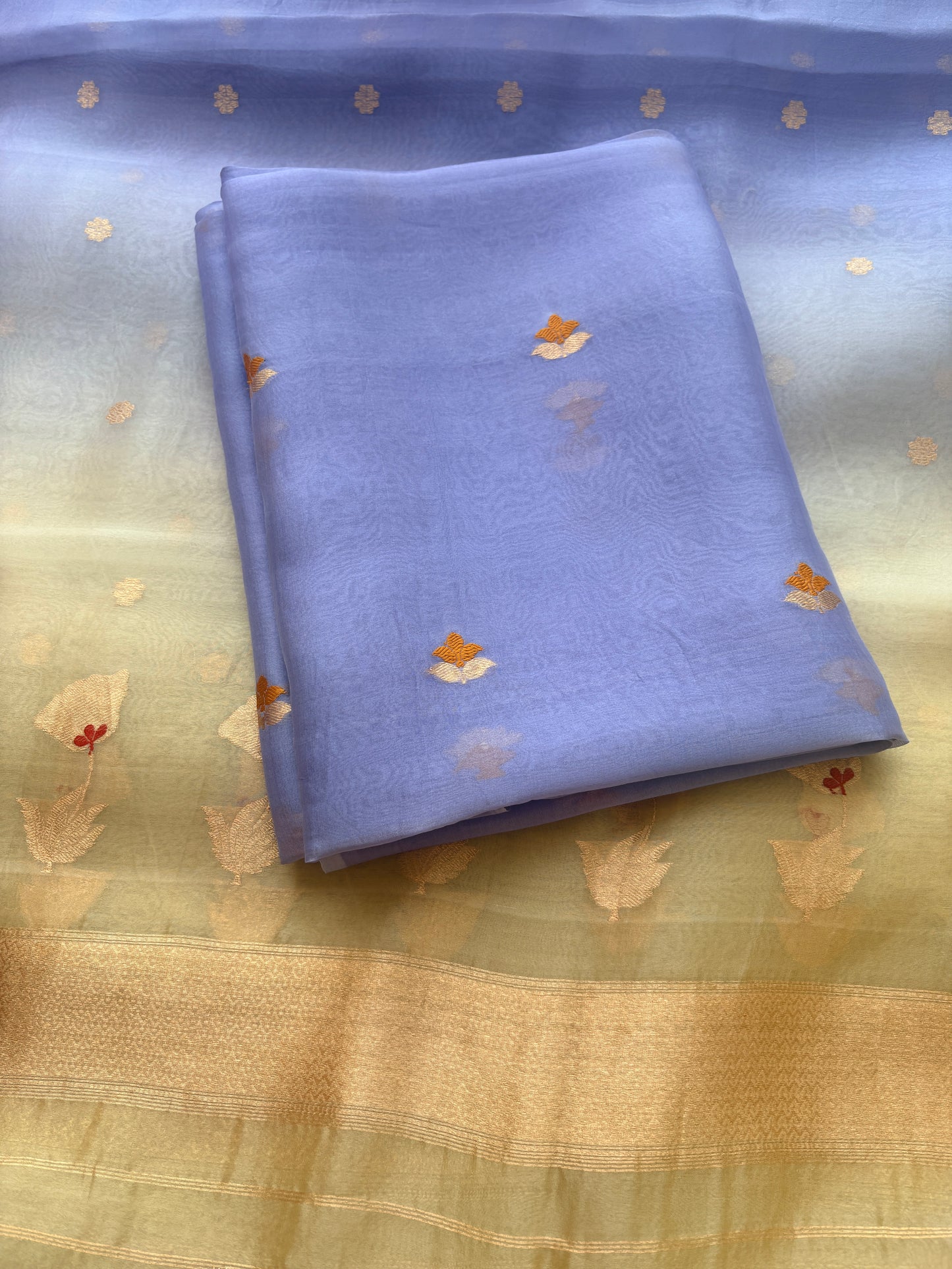 Lavender kora silk suit with yellow shaded dupatta