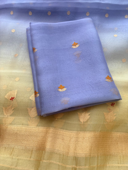 Lavender kora silk suit with yellow shaded dupatta