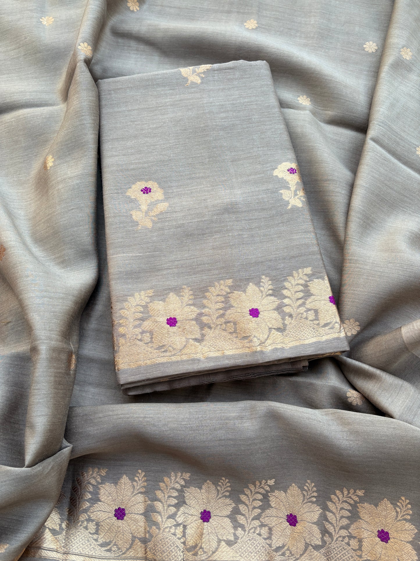 Grey moonga silk kadhwa suit set