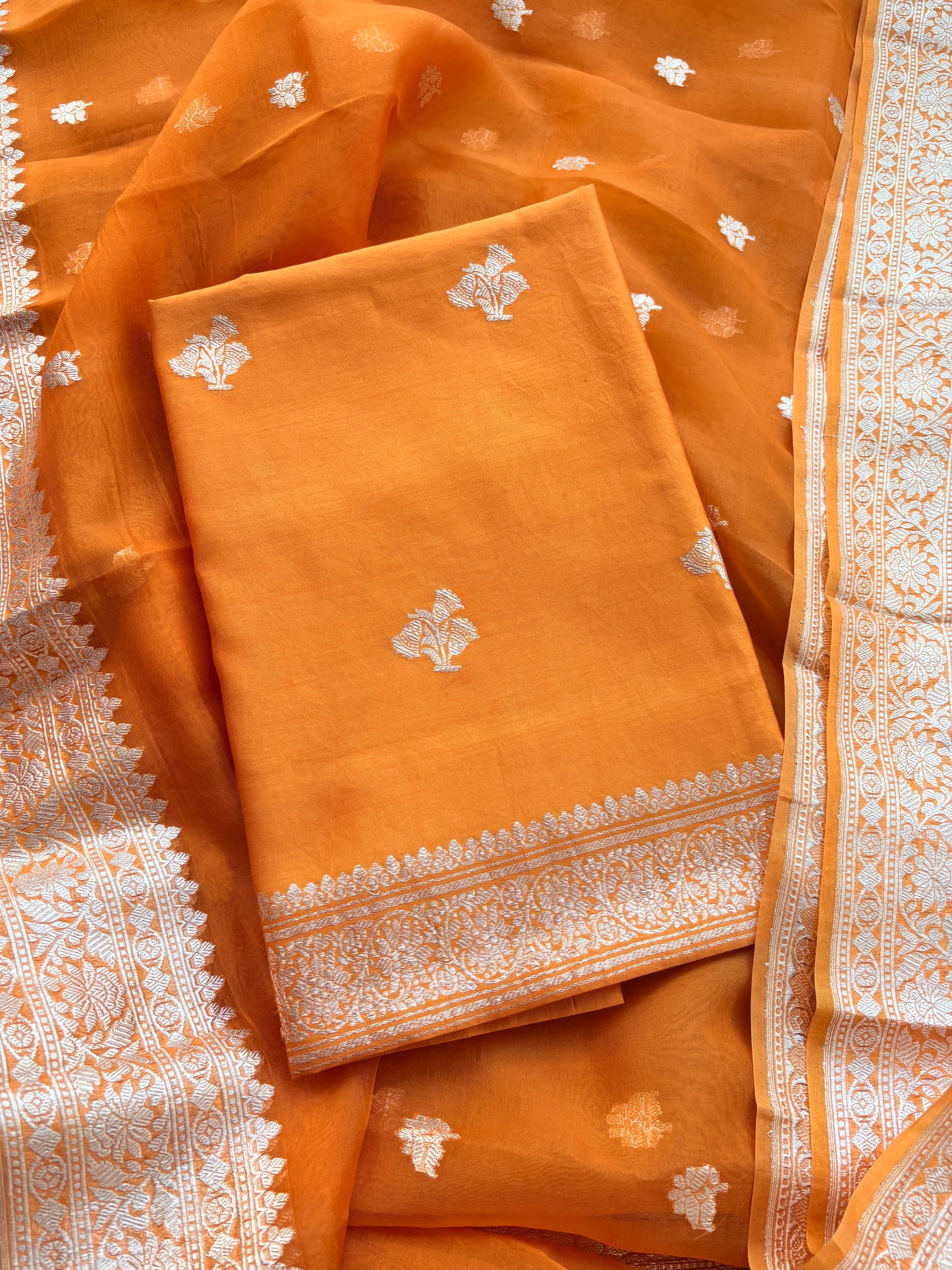 Orange Chiniya kora silk pure silver zari suit set