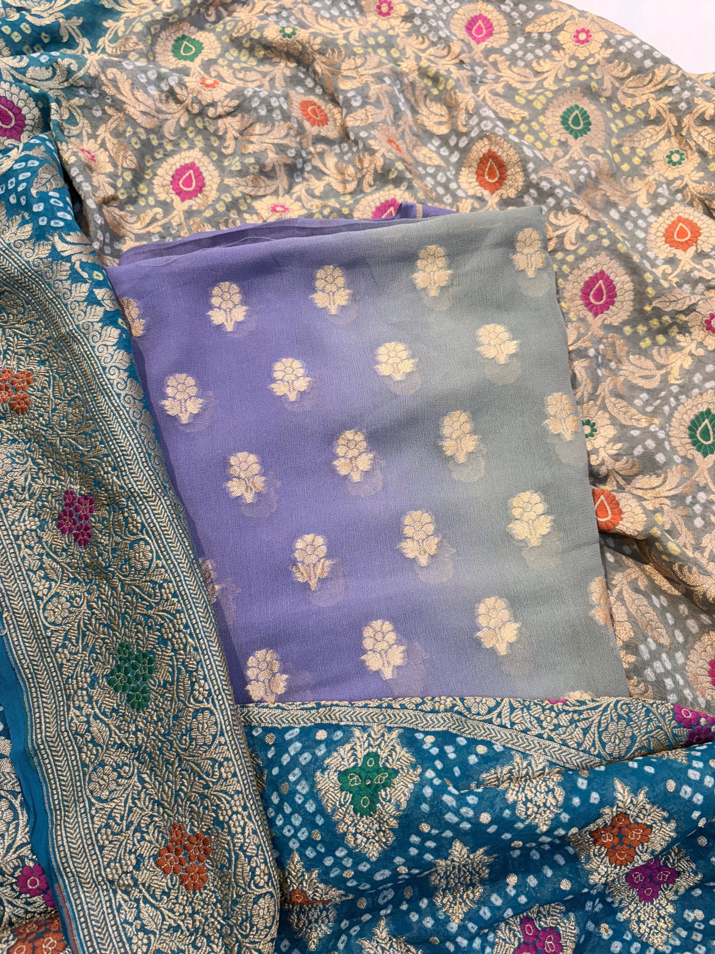 Grey and blue shaded Khaddi georgette suit set