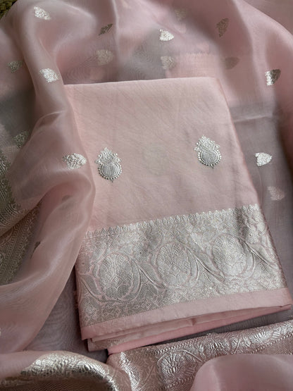 Pink Chiniya kadhwa silver zari 3 piece suit set