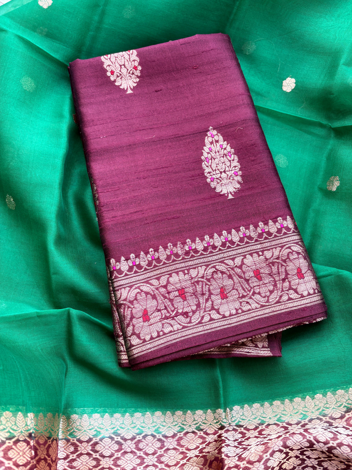 Wine kurta with green kora silk dupatta