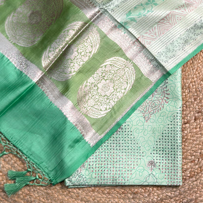 Green Chiniya silk self woven design suit set