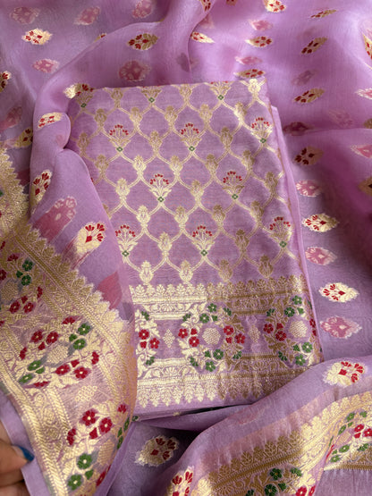 Lavender moonga silk kadhwa Kurta, kora silk dupatta, plain crepe bottom