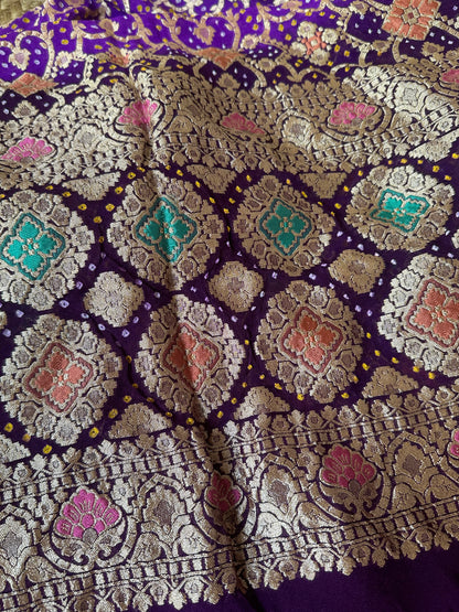 Purple multicoloured khaddi georgette bandhani dupatta