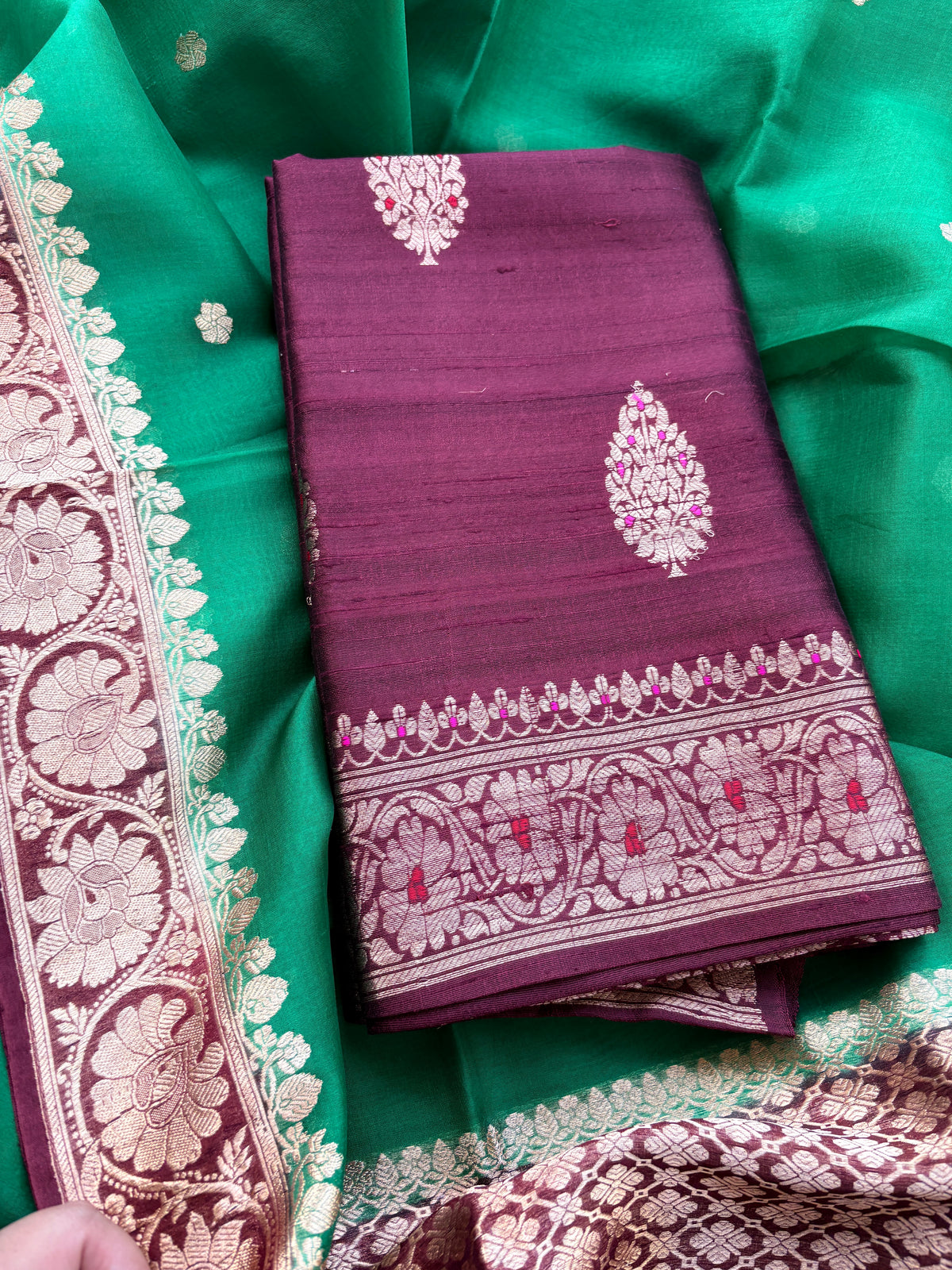 Wine kurta with green kora silk dupatta