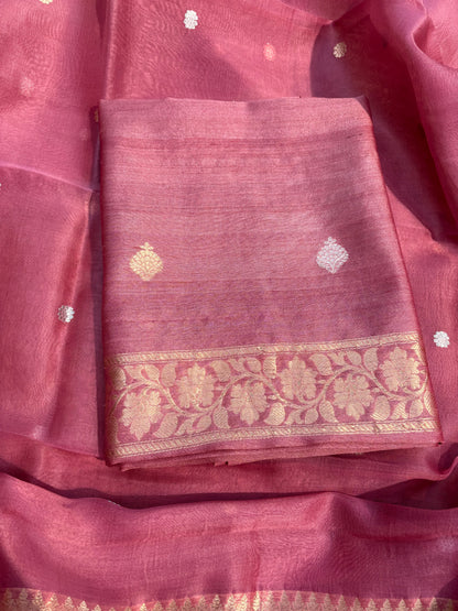 Pink tussar silk kurta, kora silk dupatta, plain silk bottom