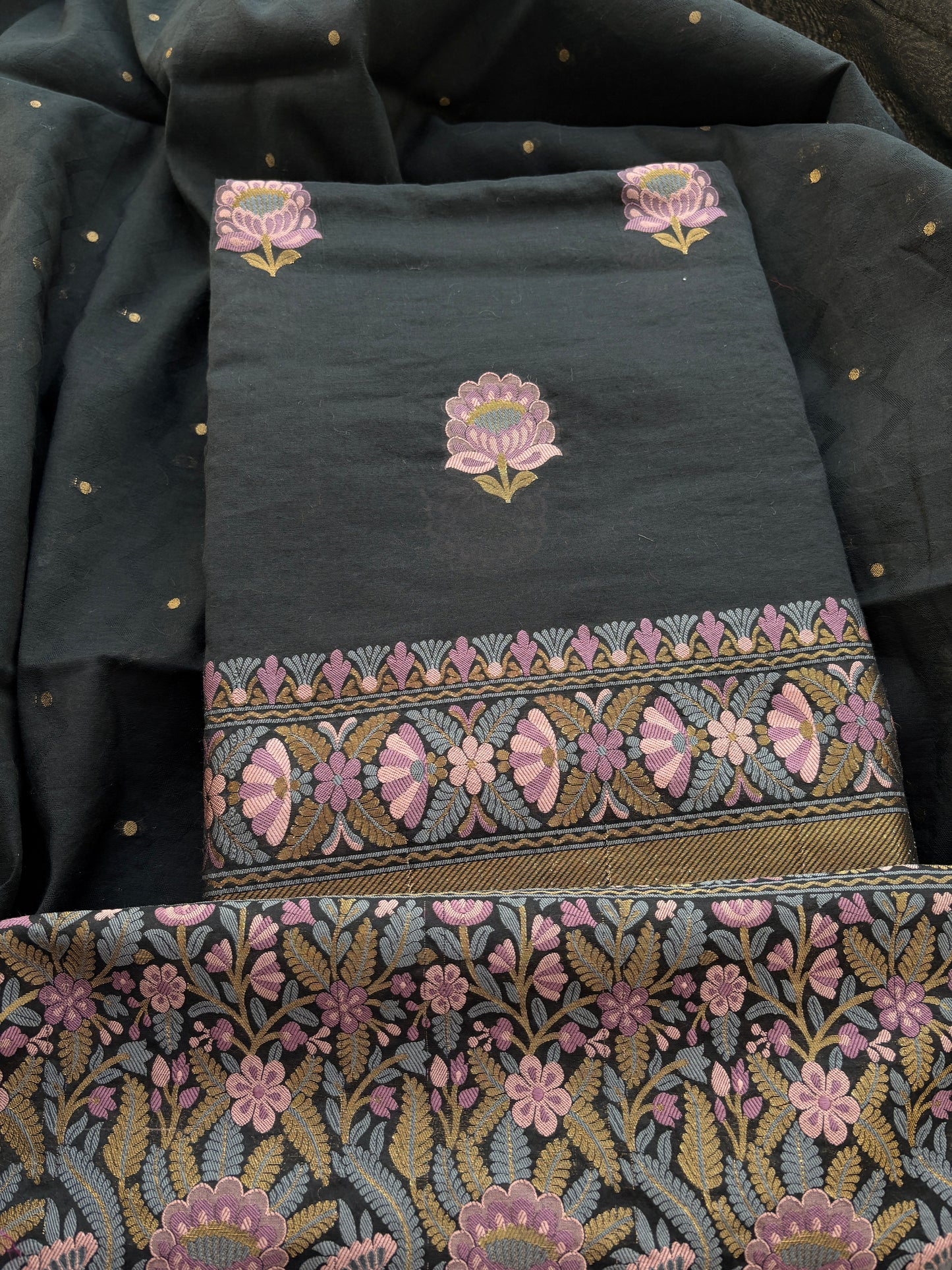 Black Chanderi flower design weaving suit set