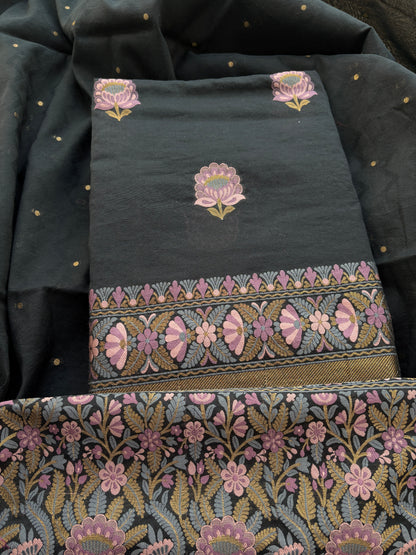 Black Chanderi flower design weaving suit set
