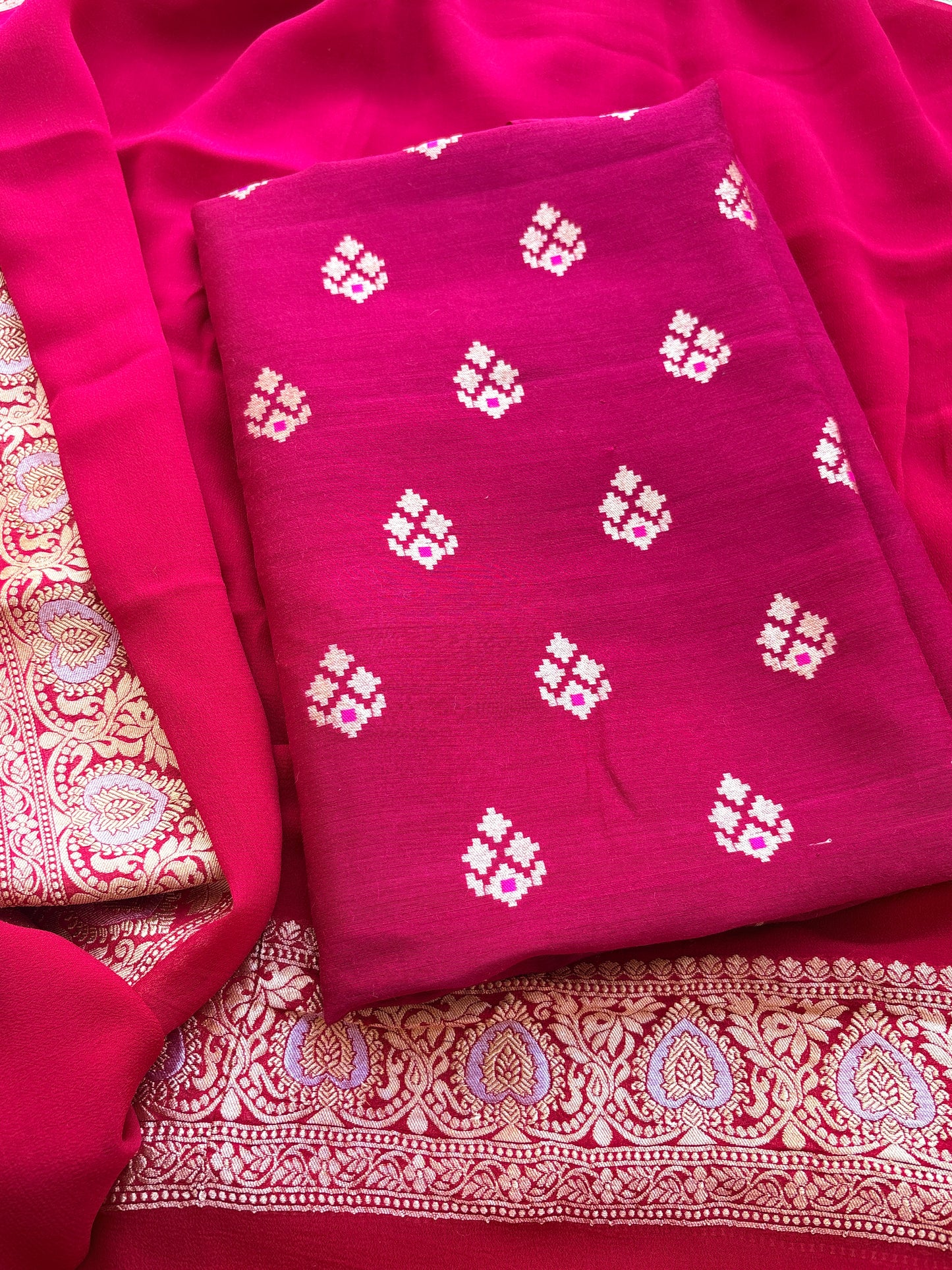 Pink moonga silk suit with Khaddi georgette kadhwa dupatta