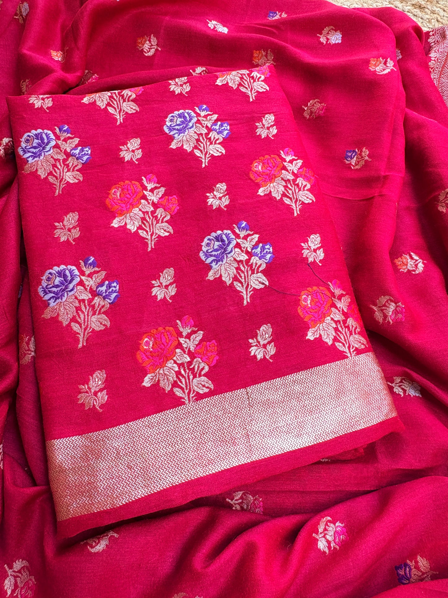 Red moonga silk meenadar flower weaving suit set