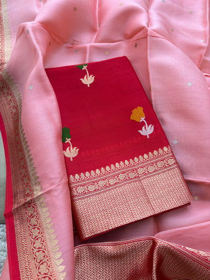 Red kora silk suit set with shaded pink dupatta
