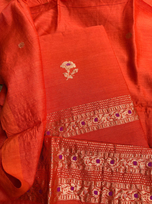 Rust orange moonga silk kadhwa suit set