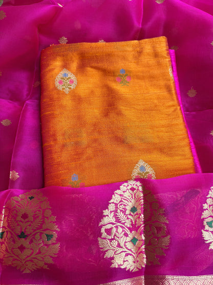 Pure raw silk kurta, bottom , kora kadhwa dupatta
