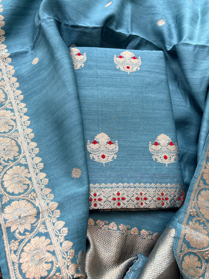 Blue moonga silk kadhwa suit set
