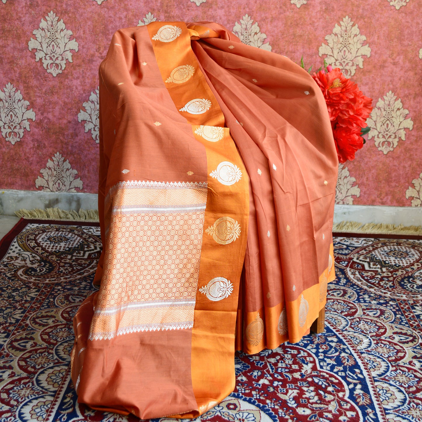 Muted Orange chiniya Silk kadhwa saree