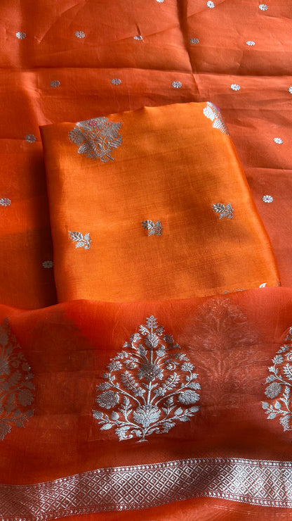Orange raw mango silk kurta, pure silk bottom and kora silk dupatta