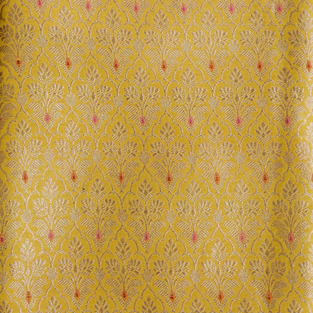 Yellow brocade suit with rangkat Khaddi georgette dupatta