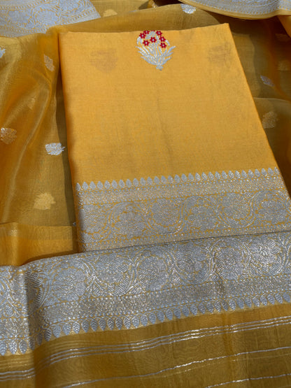 Mustard meenadar silver zari Chiniya kora 3 piece suit set