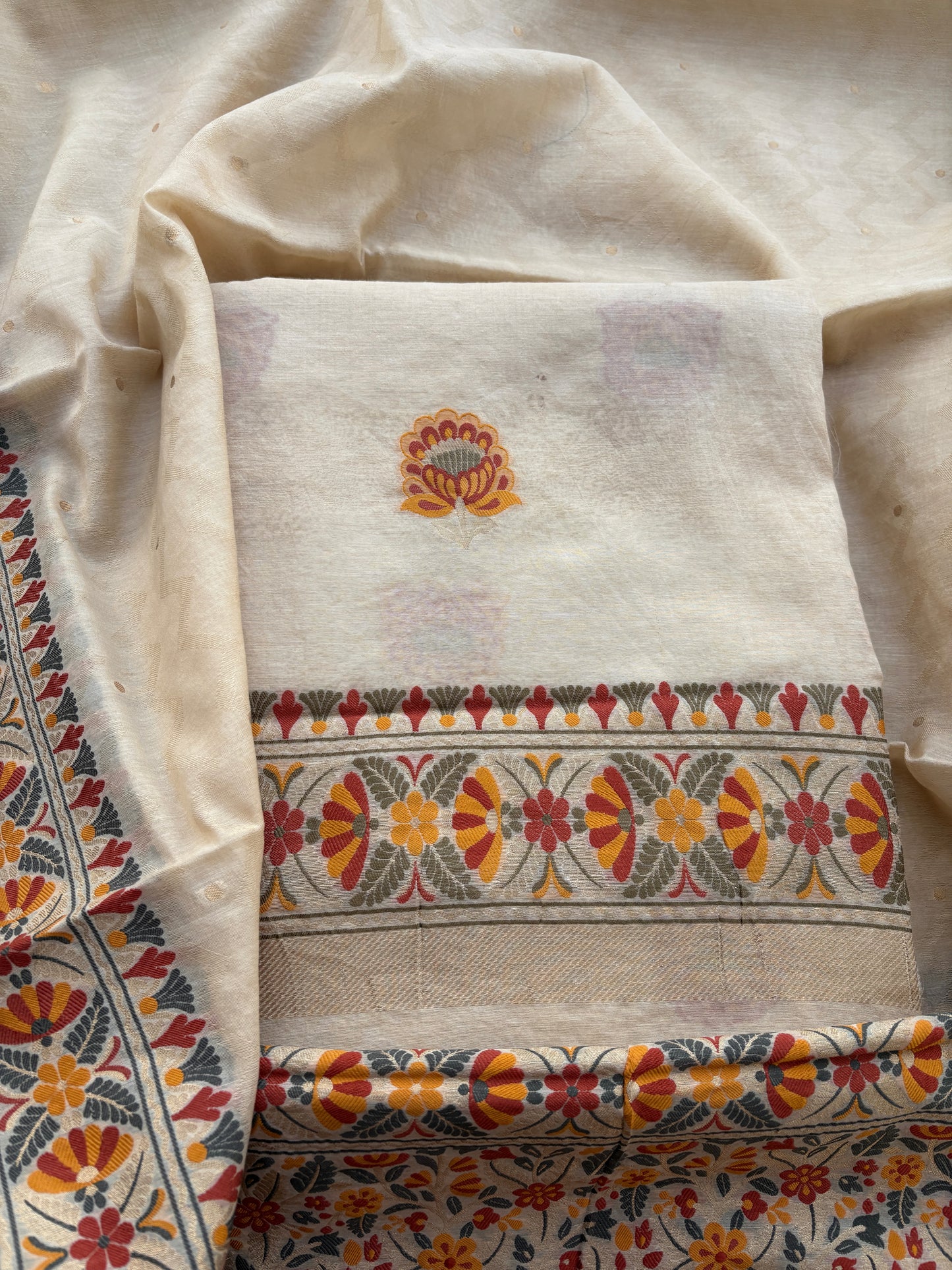 Cream Meenakari tilfi weaving Chanderi suit set