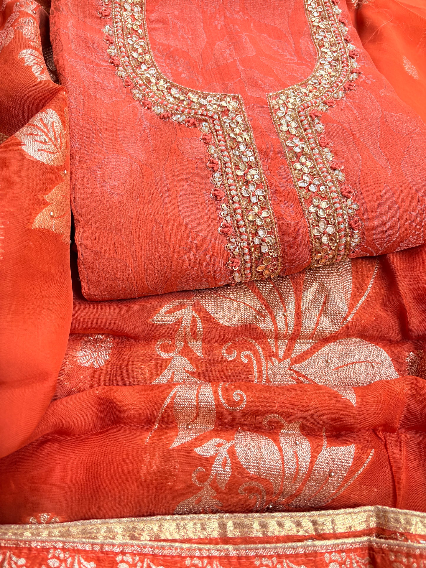 Peach orange tissue silk 3 piece  suit set