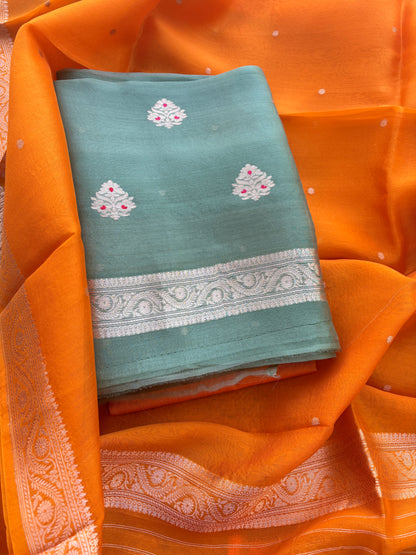 Green mustard kora kadhwa silk suit set