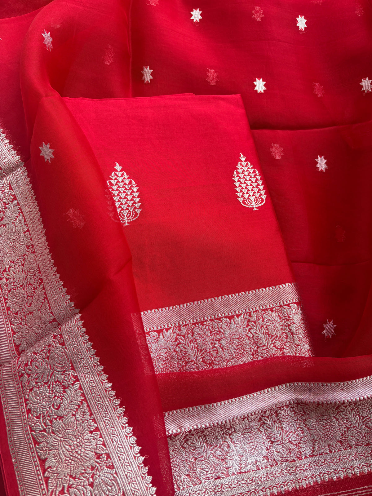 Red Chiniya kora silk silver zari suit