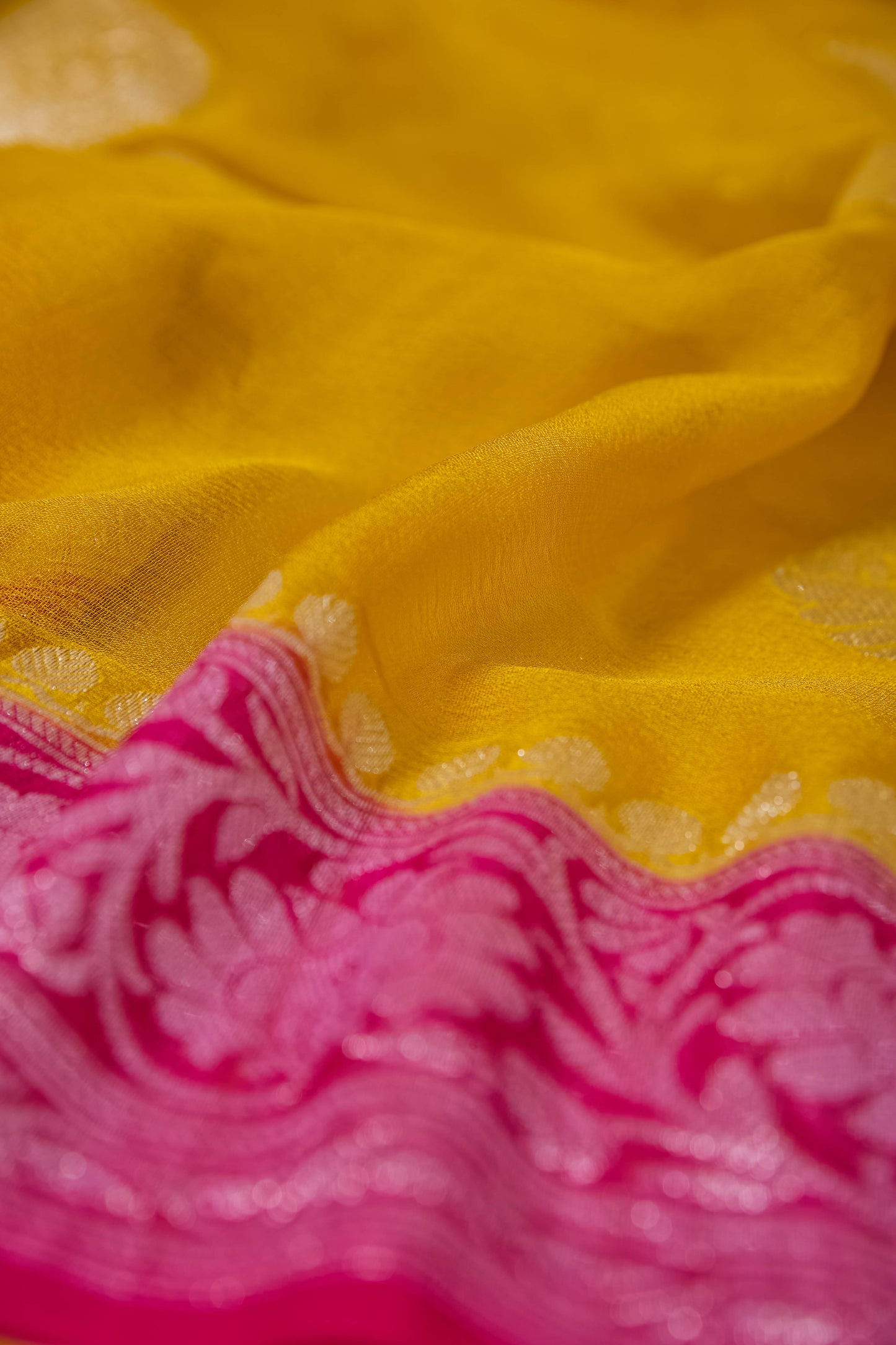 Yellow Rani Khaddi chiffon kadhwa saree
