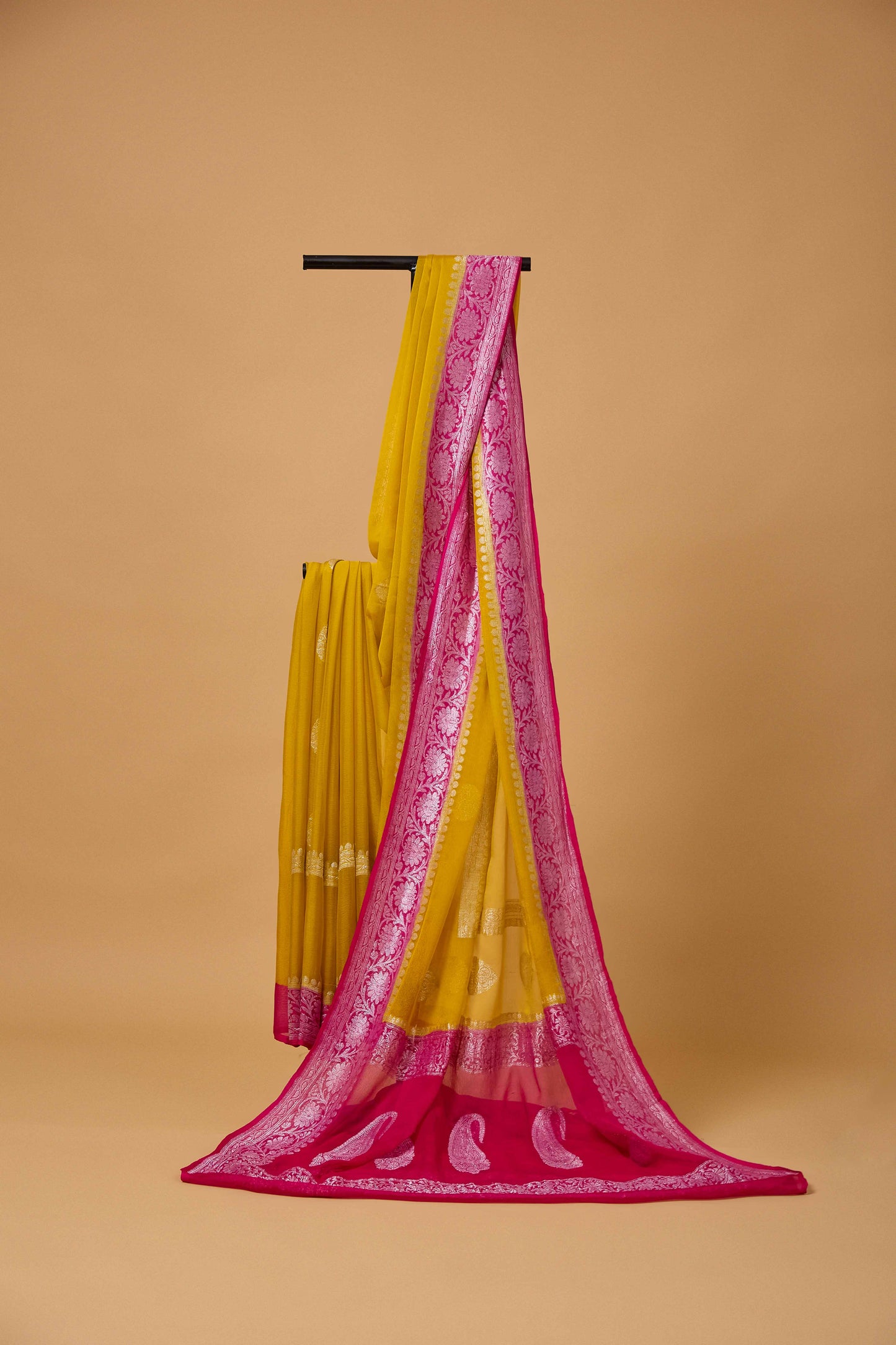 Yellow Rani Khaddi chiffon kadhwa saree