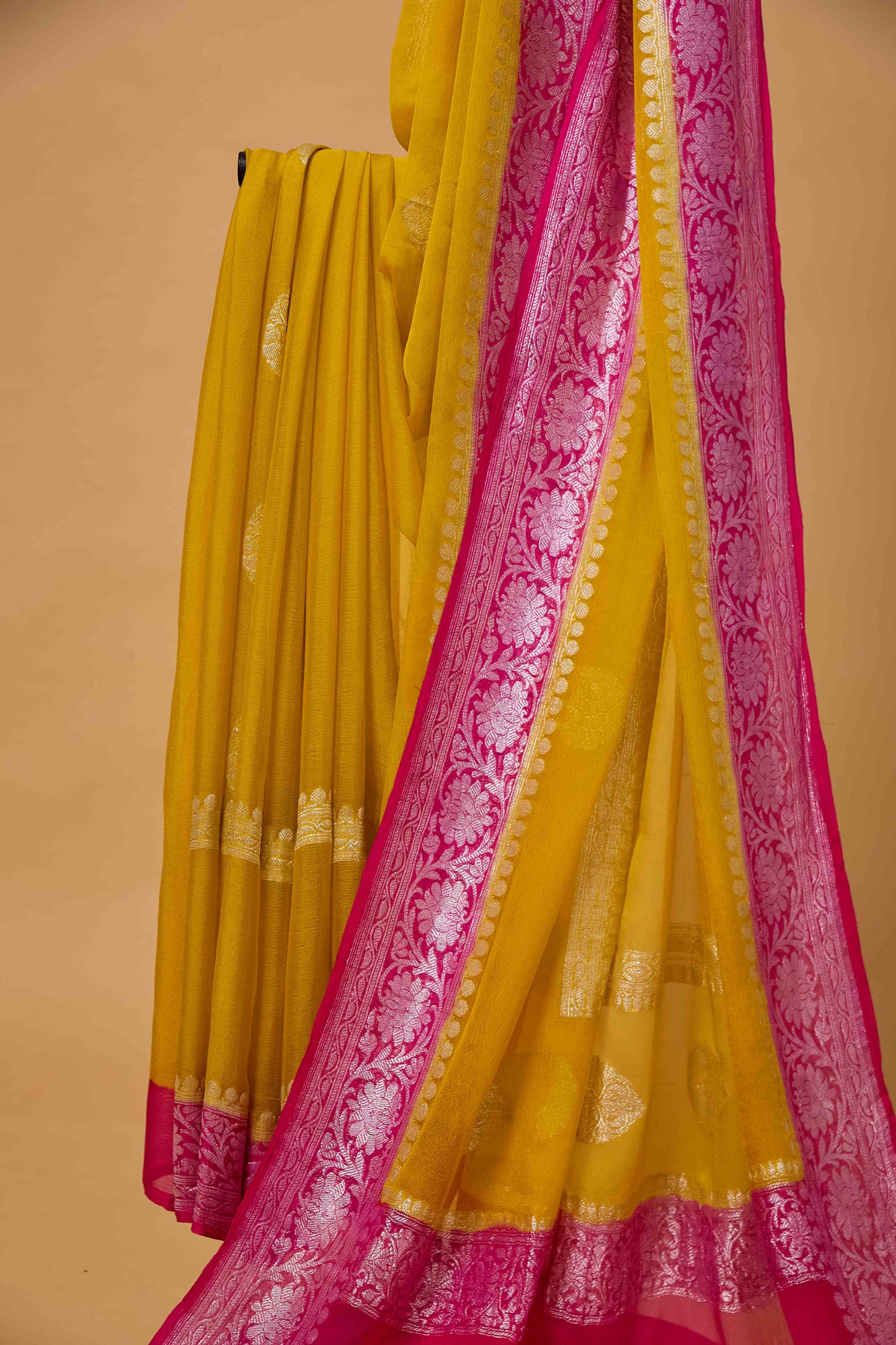 Yellow Rani Khaddi chiffon kadhwa saree