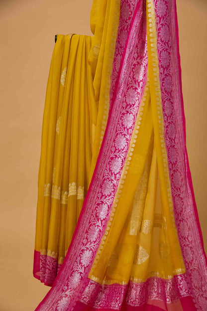 Yellow Rani Khaddi chiffon kadhwa saree