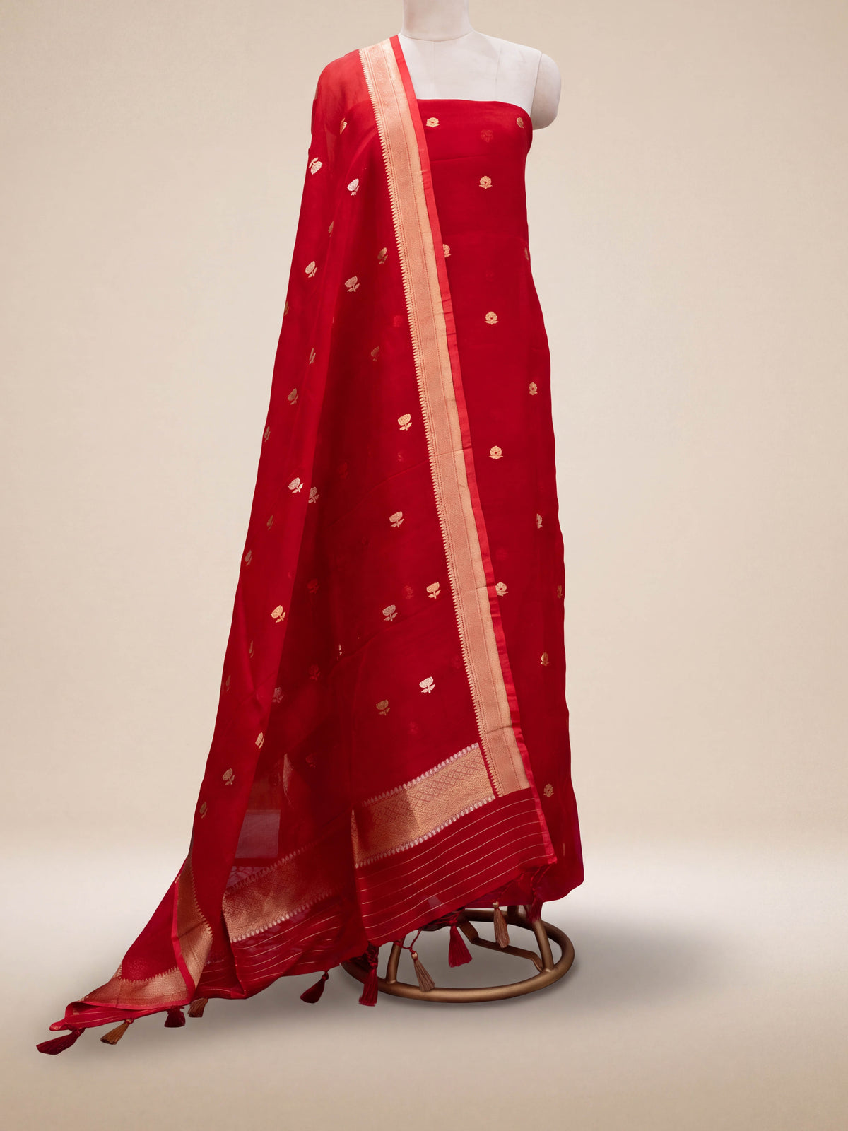 Red Kora silk kadhwa suit set