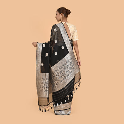Black Kora silk kadhwa silver zari saree