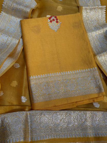 Mustard meenadar silver zari Chiniya kora 3 piece suit set