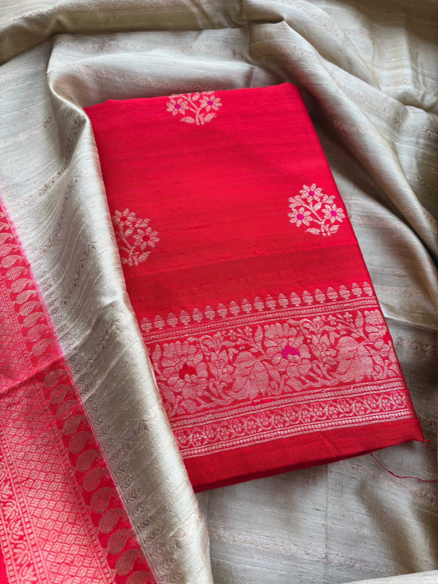 Red raw silk suit with chap dyed raw silk dupatta