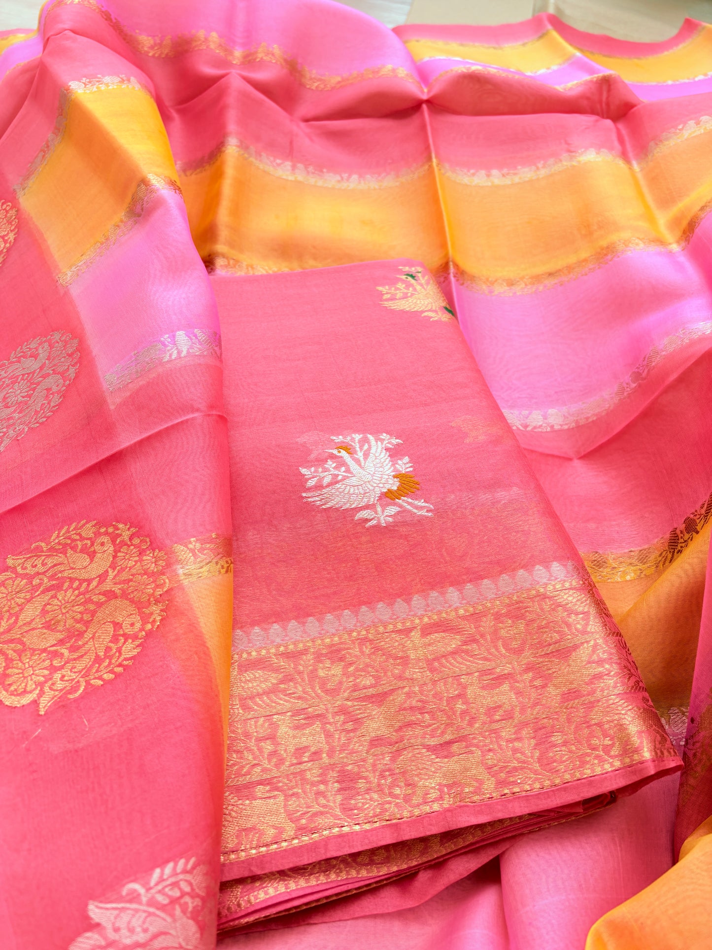Peach pink Kora silk suit with Kora silk shaded dupatta
