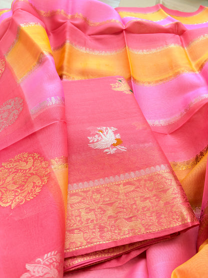 Peach pink Kora silk suit with Kora silk shaded dupatta