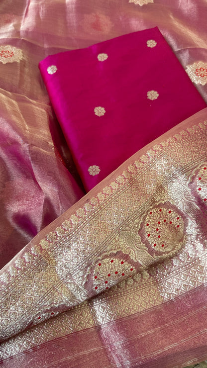 Pink katan silk kurta, tissue meendar dupatta, plain silk bottom.