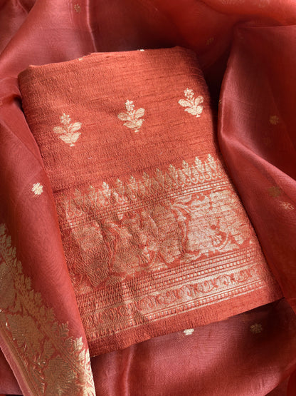 Rust raw silk kurta, bottom and kora kadhwa dupatta