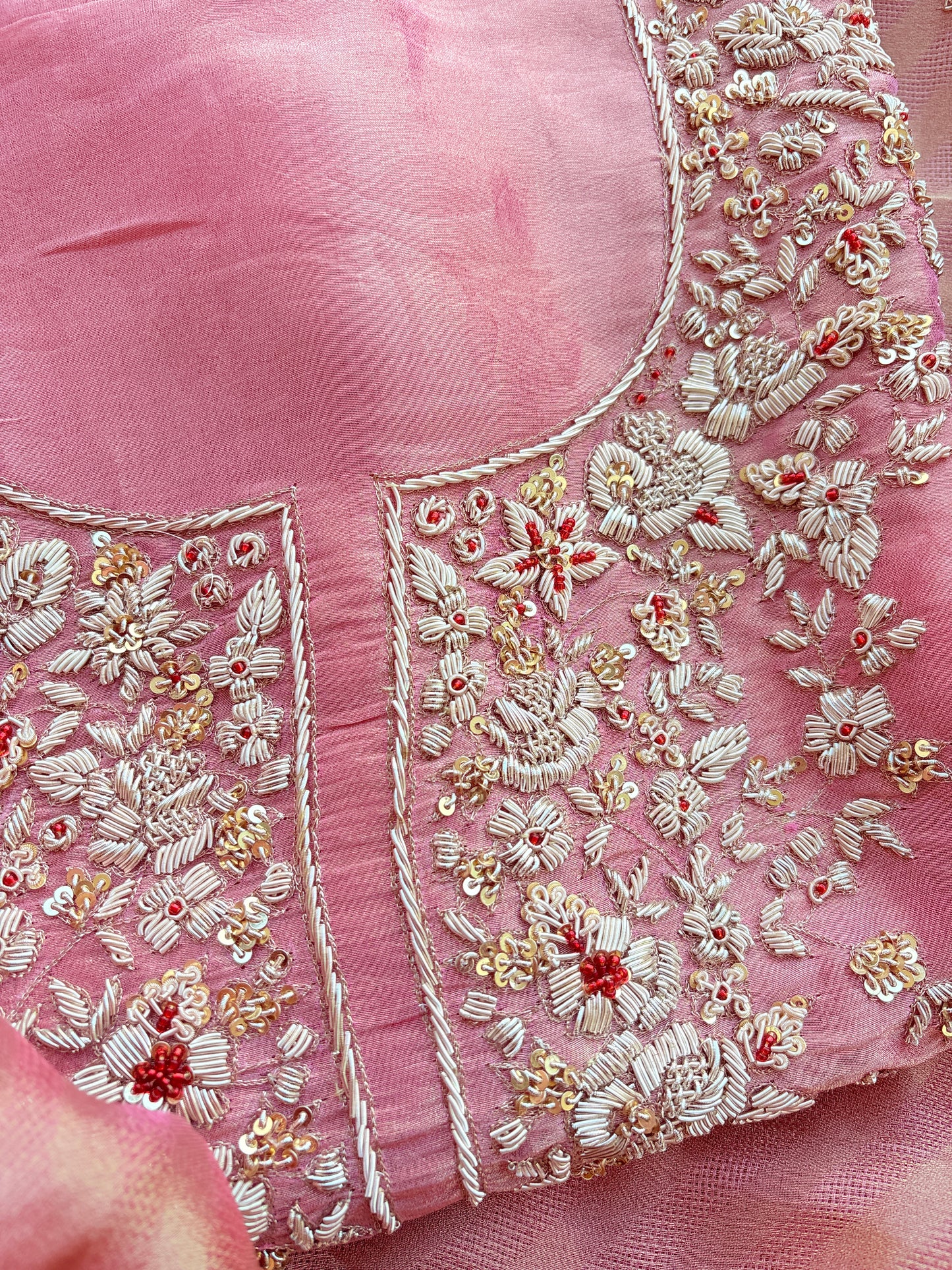 Pink tissue silk hand embroidery suit set