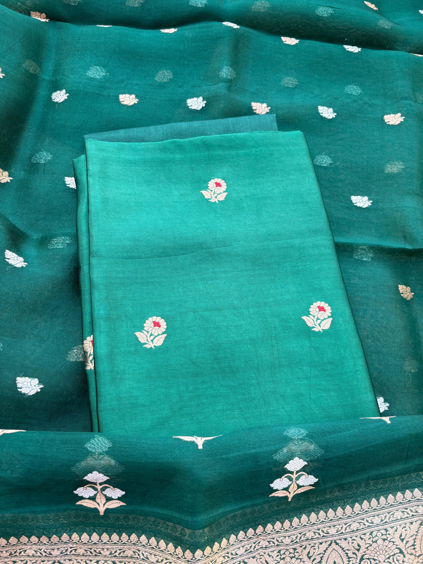Green Chiniya silk kora dupatta suit set
