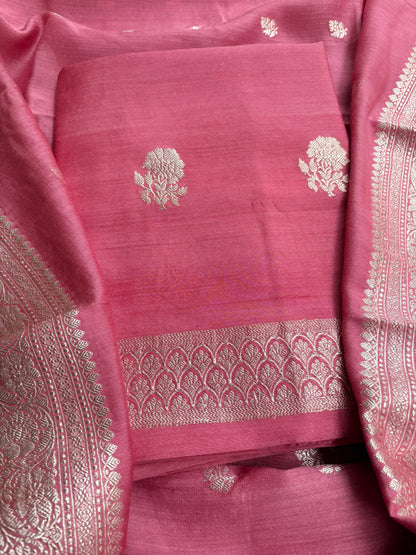 Peach moonga silk silver zari suit set