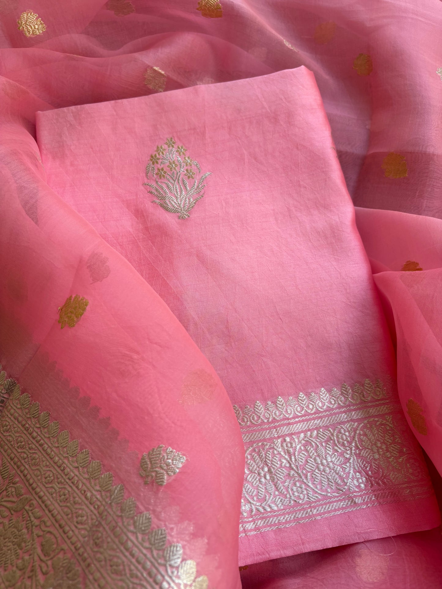 Pink pure silver zari chiniya kurta, kora dupatta, plain silk bottom.