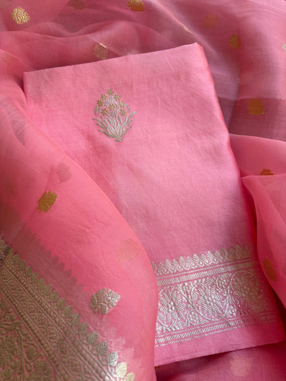 Pink pure silver zari chiniya kurta, kora dupatta, plain silk bottom.